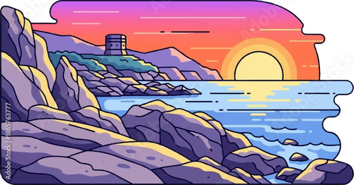 Pixelated sunset over rocky coast with ancient tower