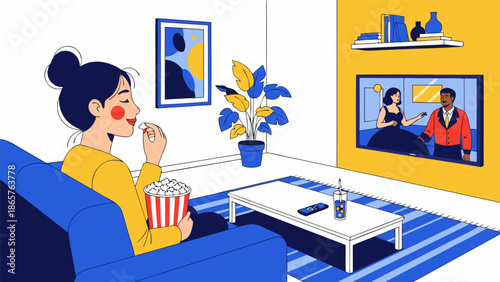 Vector illustration of a woman enjoying a movie night at home with popcorn and a drink, watching television in a cozy living room setting