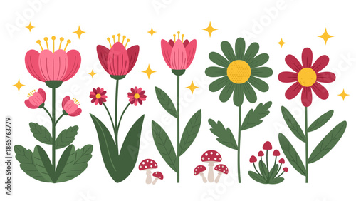 Collection of colorful wildflowers and mushrooms, a charming vector illustration for your design needs