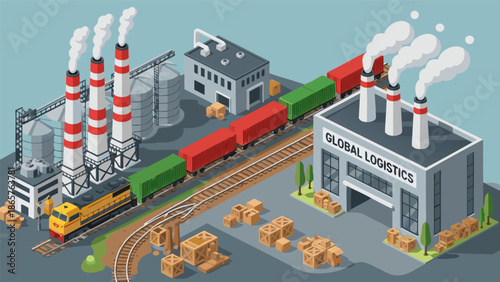 Industrial logistics complex vector illustration with train, silos, and factory buildings representing global trade and transportation
