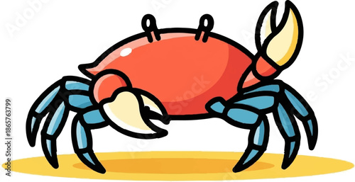 A cheerful, cartoonish red crab with blue legs and yellow claws stands on a sandy shore