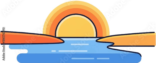 Stylized sunset over water, with orange hills on either side