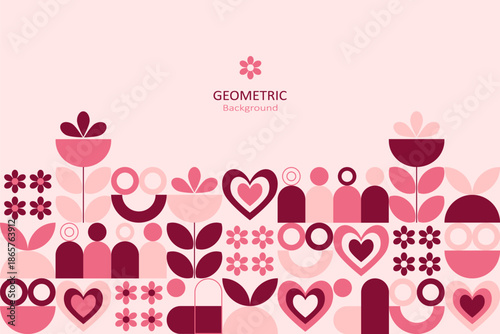 Geometric Valentine background with hearts, flowers, and abstract shapes in soft pink and red tones, leaving clean space for text, perfect for banners and romantic designs