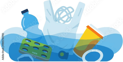 Assortment of plastic waste including bottle, bag, and packaging floats on blue waves