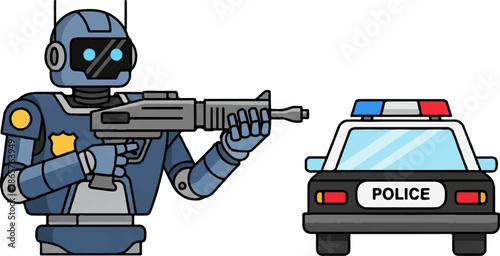 A futuristic robot officer with a weapon stands beside a police cruiser