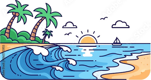A vibrant cartoon depicts a tropical beach scene with palm trees, a sandy shore, and gentle waves under a sunny sky