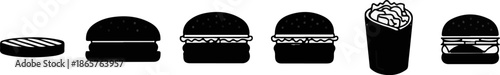 A black and white illustration of a grilled patty, three burgers, and a burrito