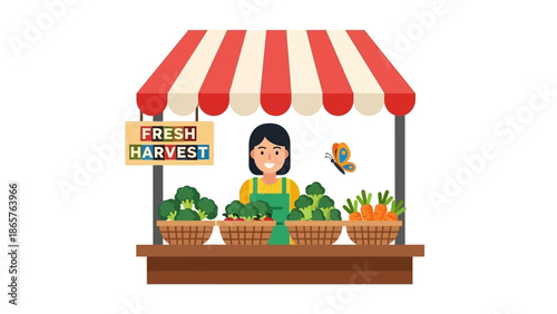 Fresh produce vendor selling vegetables at a market stall.