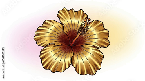 A single golden hibiscus flower with detailed petals and stamens on a soft gradient background