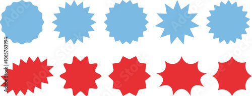 Illustration of six black shapes including two starbursts a banner a rectangle a circle and a shield shape editable eps vectors silhouette.Scattered black starburst shapes form a simple abstract