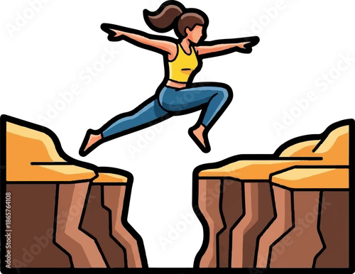Athletic woman leaps across a chasm between two rock formations