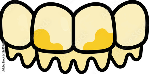 Cartoon depiction of dirty, yellow teeth with dripping saliva
