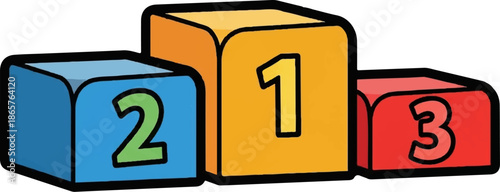 Three colorful podium blocks, numbered 1, 2, and 3, with a simple illustration style
