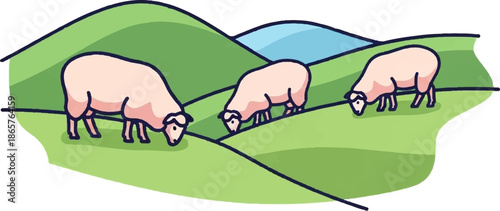 Three fluffy sheep graze peacefully on rolling green hills under a bright blue sky