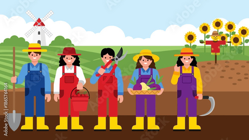 Group of farmers standing together in a field with farming tools.