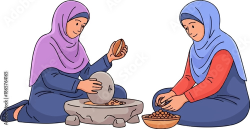 Two women in traditional attire grind grains using an ancient stone tool