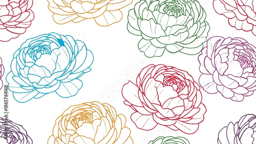 Vibrant outline drawings of peony flowers in multiple bright colors on a white background