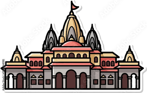 Colorful, stylized illustration of a multi-domed temple complex with arched doorways