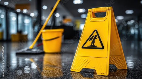 Bright yellow wet floor sign, bucket, mop on reflective, shiny floor of building hallway