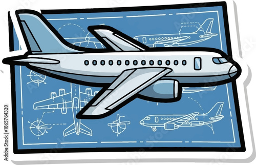 Airplane blueprint with detailed views and a model in the foreground