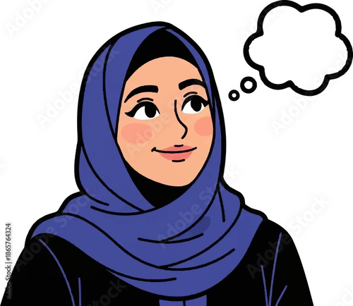 A smiling woman in a blue hijab contemplates with a thought bubble