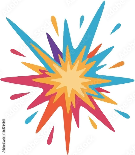 A vibrant explosion of sharp, colorful shapes radiating outwards from a central burst