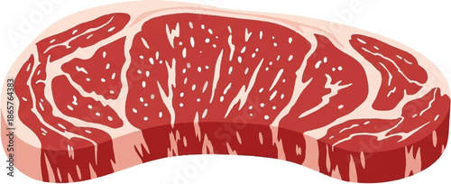 A raw, marbled cut of red meat, rich with fat striations, presented from a cross-section view