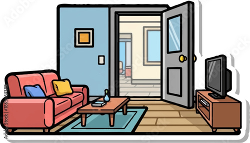 Cozy living room with open door, sofa, TV, and coffee table