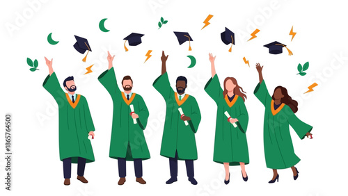 Group of Graduates Celebrating with Caps and Diplomas.