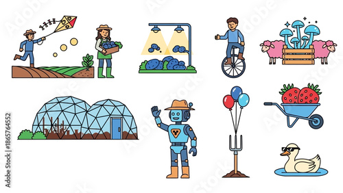 Gardening icons featuring robots and people in various activities.