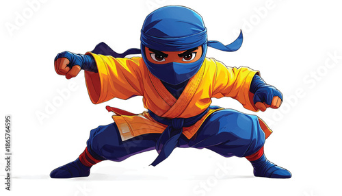 Cartoon Ninja Ready for Action in Yellow and Blue Outfit.