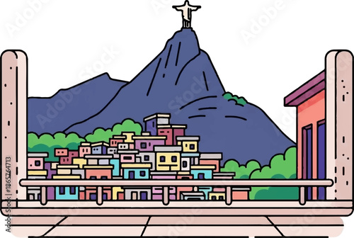 Colorful hillside homes sprawl beneath a mountain topped by a figure