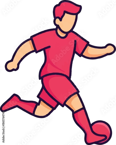 Stylized flat illustration of a person playing soccer, kicking a ball