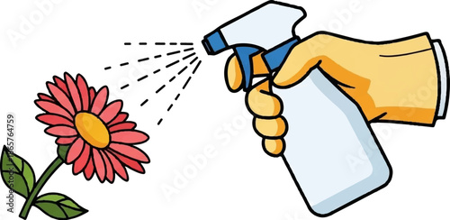 Hand sprays water mist onto a pink and yellow daisy flower with green leaves