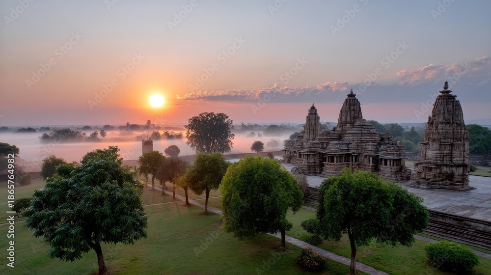 Obraz premium Serene Sunrise Over Ancient Temple Complex Surrounded by Lush Green Landscape and Misty Horizon