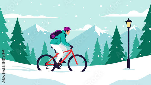 Cyclist Riding Mountain Bike in Snowy Landscape.