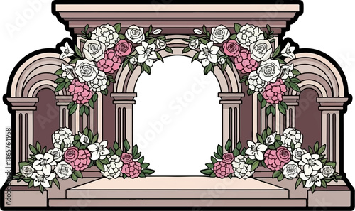 A floral archway framing empty space, adorned with pink and white roses