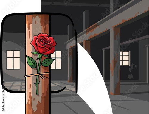 A vibrant red rose is tied to a weathered wooden post inside a desolate, industrial building