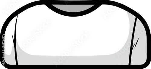 Stylized depiction of a blank white t-shirt with a grey neckline and black outline