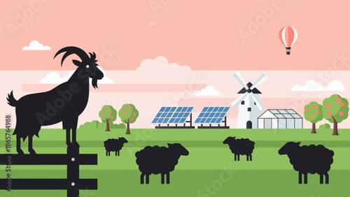 Sustainable farm with goats and renewable energy sources.