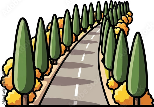 A winding road lined with cypress trees and golden foliage, casting shadows