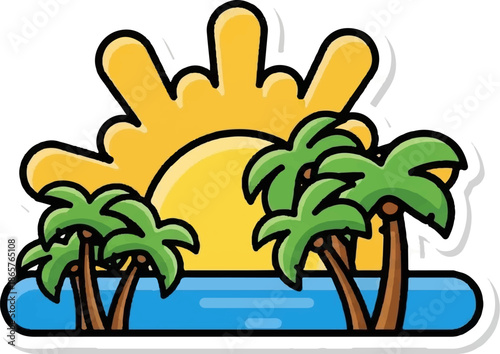 A stylized tropical scene featuring a bright sun, blue water, and several palm trees