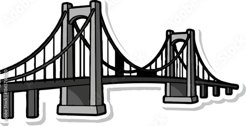 Stylized suspension bridge with towers, cables, and roadway