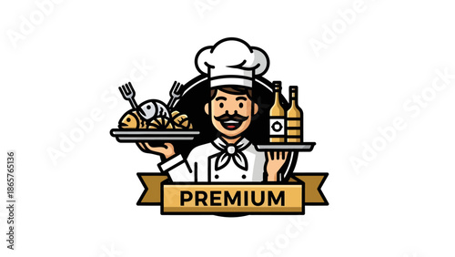 Chef holding a platter of premium food and drinks.