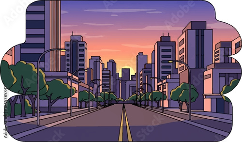 A stylized urban street scene at sunset, featuring tall buildings and trees