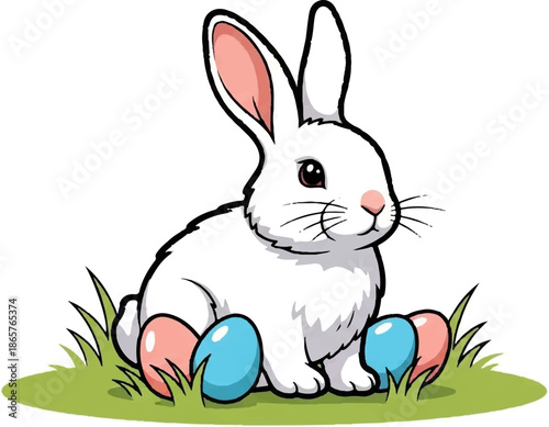 A white cartoon rabbit sits on grass next to pink and blue Easter eggs