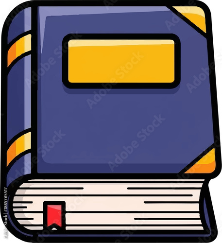 A closed, hardbound book with a blue cover, yellow spine bands, and a blank yellow rectangle