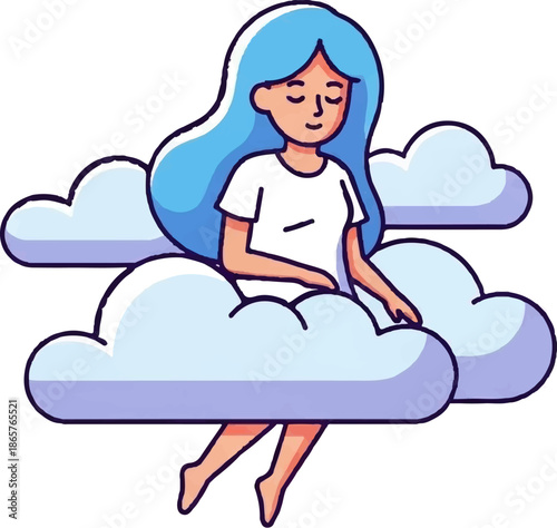 A girl with blue hair floats peacefully amidst fluffy clouds, appearing serene and dreamlike