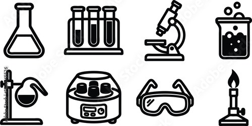 science laboratory equipment icons set including beaker flask tubes microscope