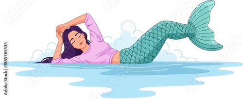 A stylized, pixelated illustration of a mermaid with dark hair, wearing a pink shirt and resting her head on her arms in blue water